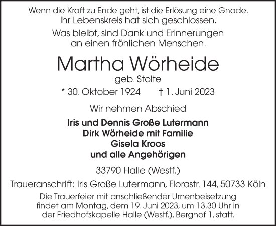 Traueranzeige von Martha Wörheide von Neue Westfälische