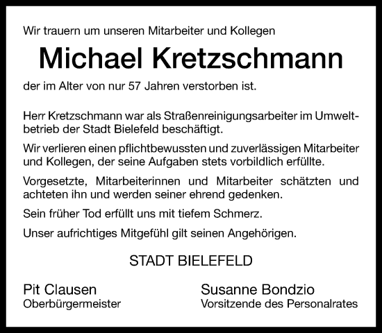 Traueranzeige von Michael Kretzschmann von Neue Westfälische