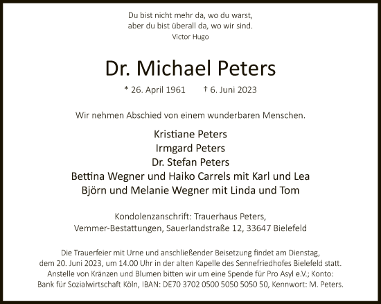 Traueranzeige von Michael Peters von Neue Westfälische