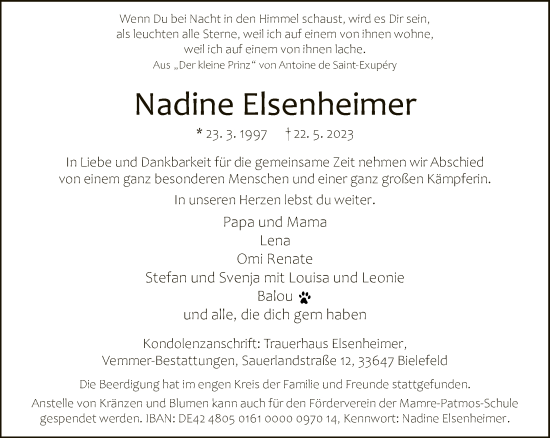 Traueranzeige von Nadine Elsenheimer von Neue Westfälische