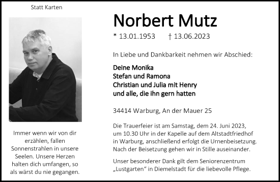 Traueranzeige von Norbert Mutz von Neue Westfälische