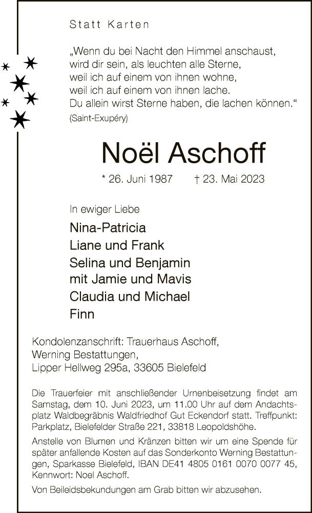  Traueranzeige für Noël Aschoff vom 03.06.2023 aus Neue Westfälische
