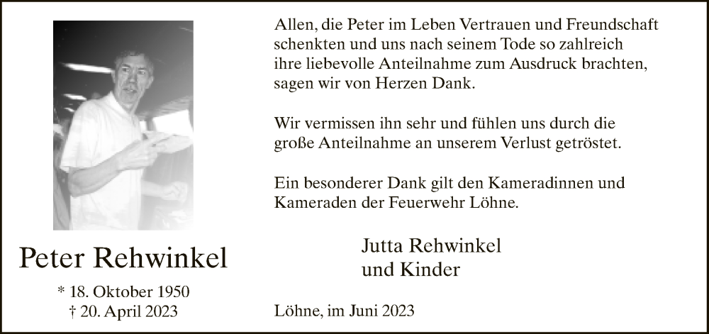  Traueranzeige für Peter Rehwinkel vom 03.06.2023 aus Neue Westfälische