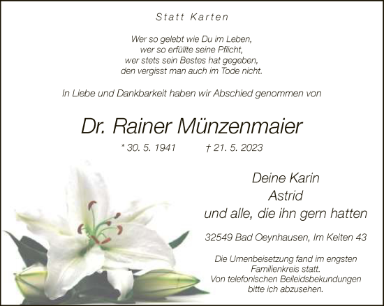 Traueranzeige von Rainer Münzenmaier