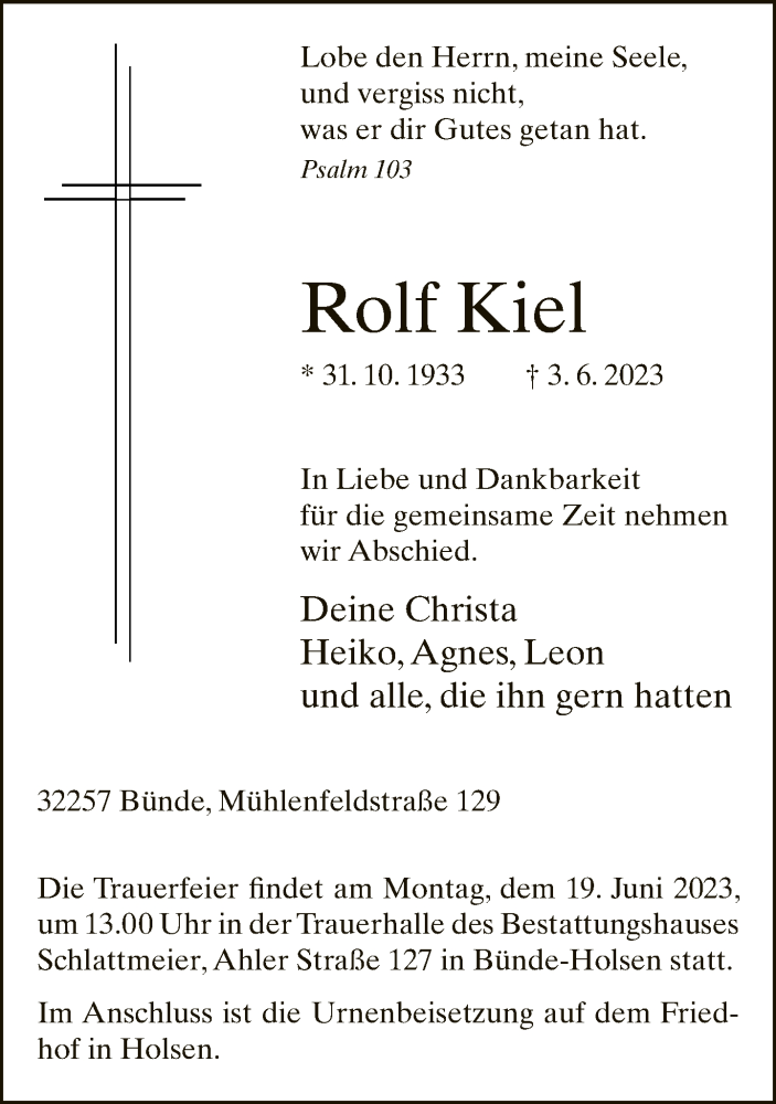  Traueranzeige für Rolf Kiel vom 10.06.2023 aus Neue Westfälische