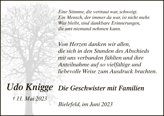 Traueranzeige von Udo Knigge von Neue Westfälische
