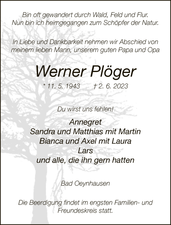 Traueranzeige von Werner Plöger