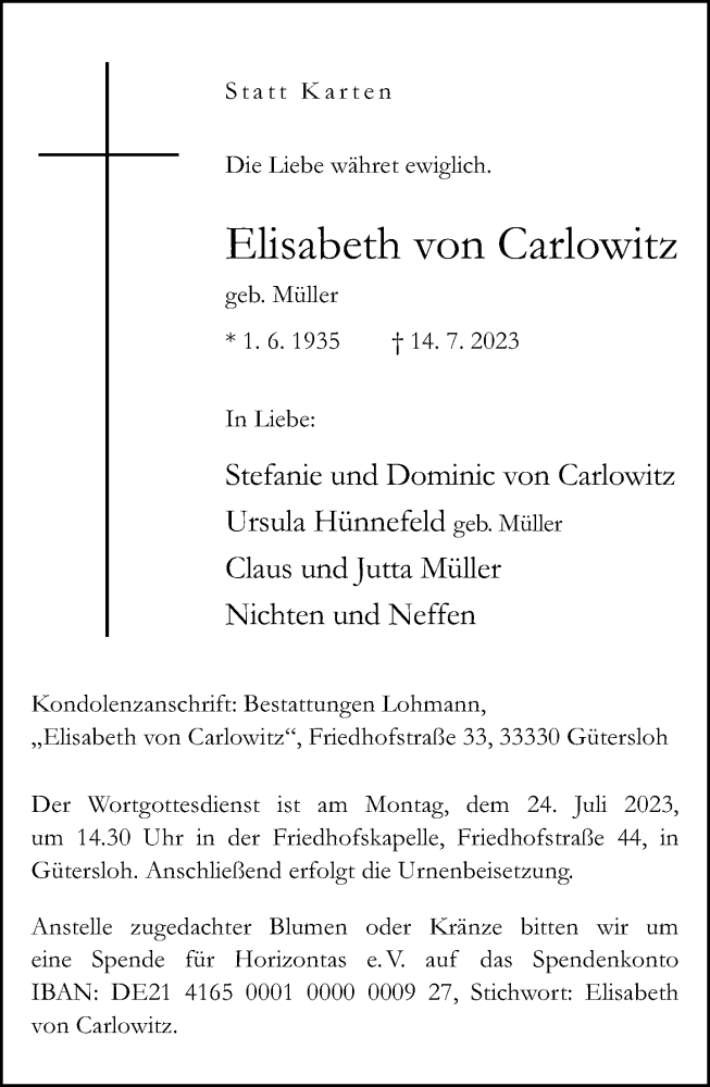  Traueranzeige für Elisabeth von Carlowitz vom 19.07.2023 aus Neue Westfälische