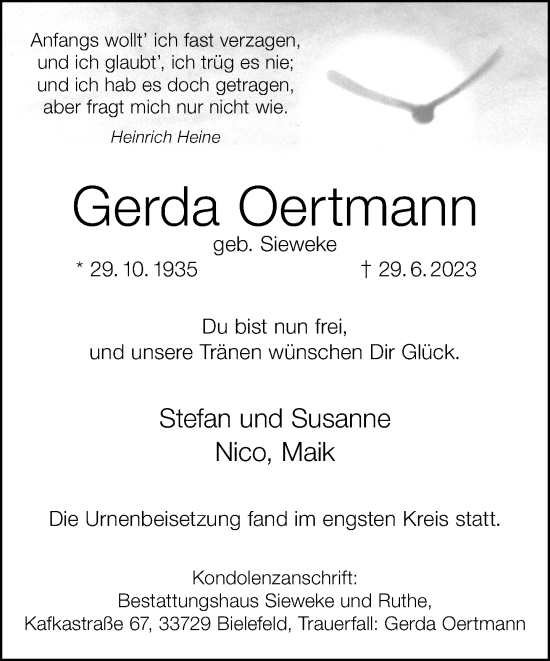 Traueranzeige von Gerda Oertmann von Neue Westfälische