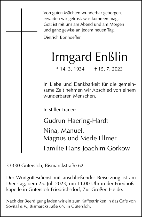 Traueranzeige von Irmgard Enßlin von Neue Westfälische