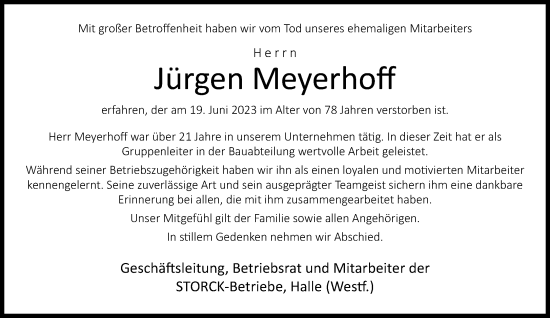 Traueranzeige von Jürgen Meyerhoff von Neue Westfälische