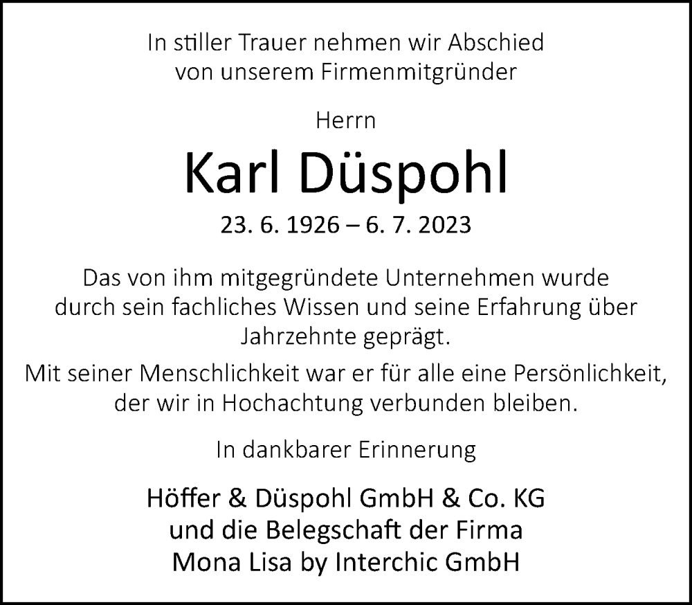  Traueranzeige für Karl Düspohl vom 13.07.2023 aus Neue Westfälische