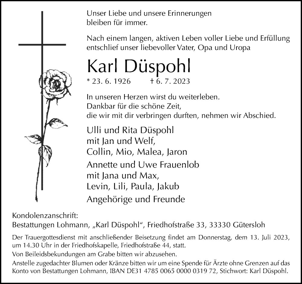  Traueranzeige für Karl Düspohl vom 10.07.2023 aus Neue Westfälische