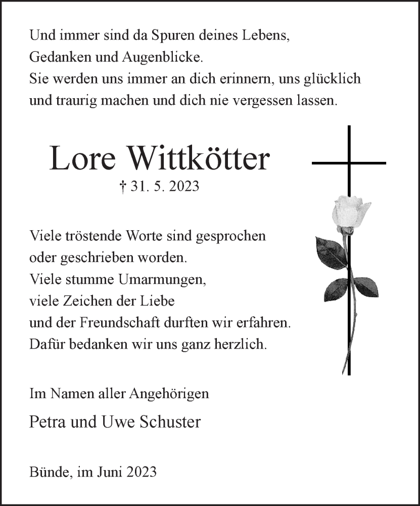  Traueranzeige für Lore Wittkötter vom 01.07.2023 aus Neue Westfälische