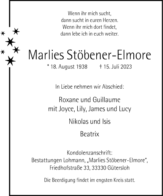 Traueranzeige von Marlies Stöbener-Elmore von Neue Westfälische