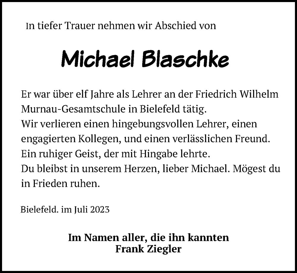  Traueranzeige für Michael Blaschke vom 22.07.2023 aus Neue Westfälische