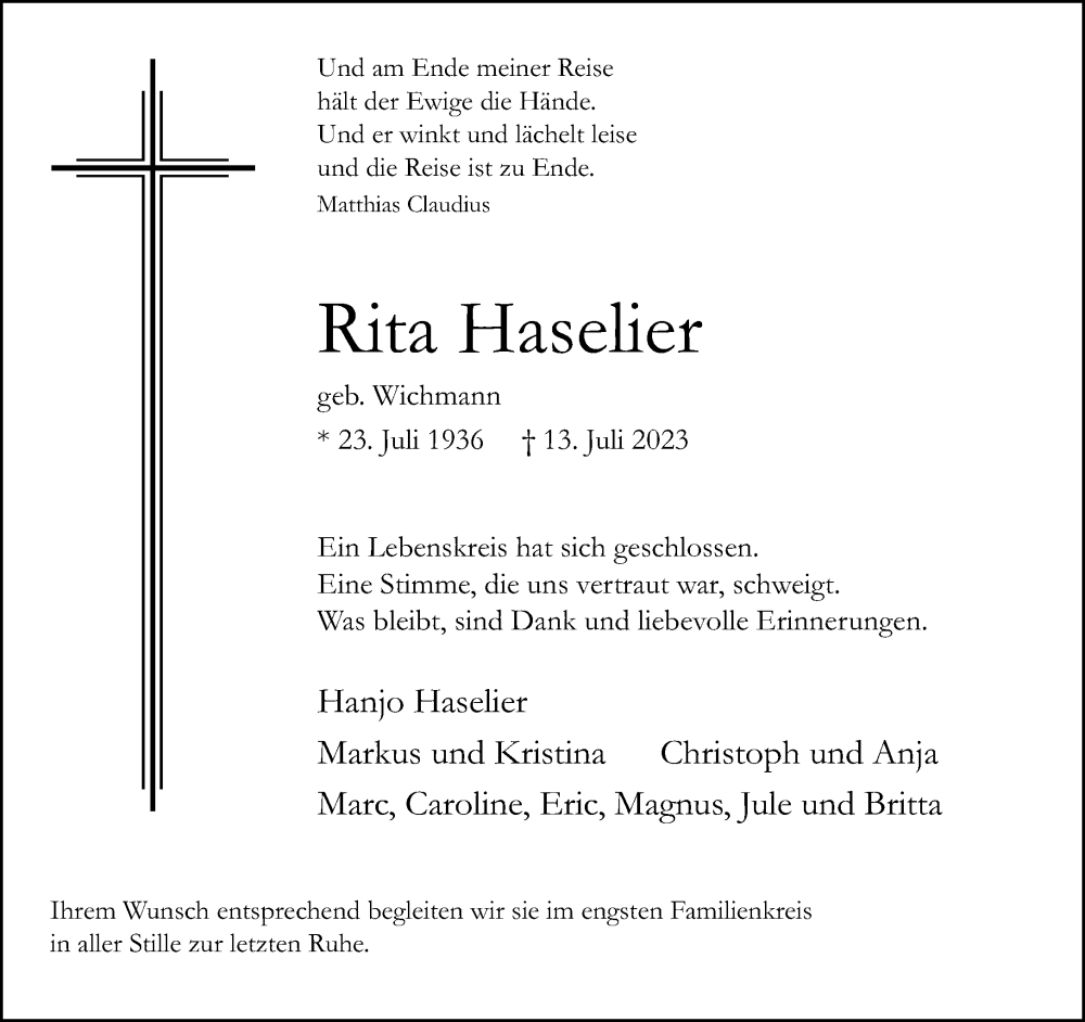  Traueranzeige für Rita Haselier vom 22.07.2023 aus Neue Westfälische