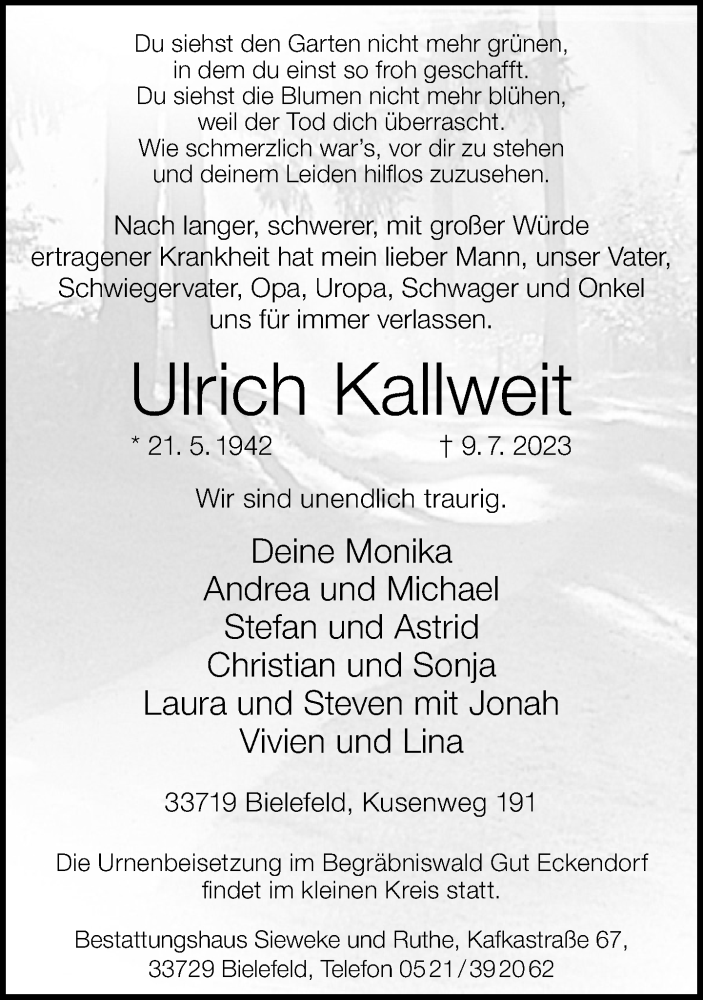  Traueranzeige für Ulrich Kallweit vom 15.07.2023 aus Neue Westfälische