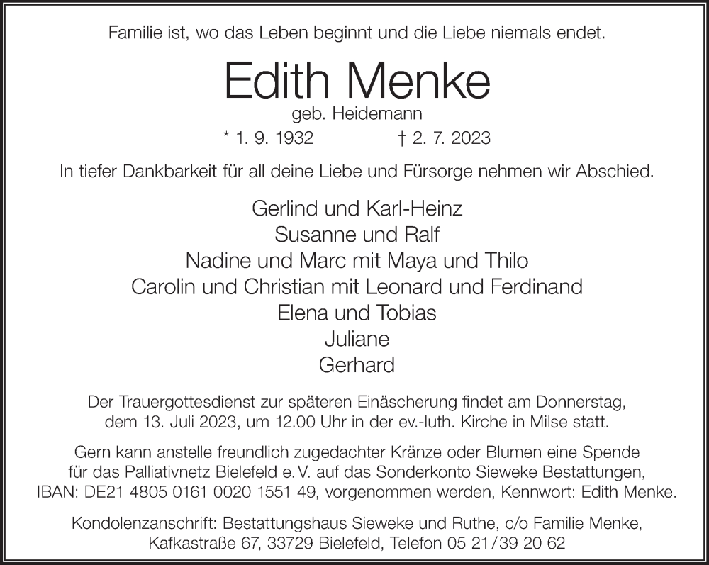  Traueranzeige für Edith Menke vom 08.07.2023 aus 