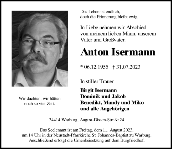 Traueranzeige von Anton Isermann von Neue Westfälische