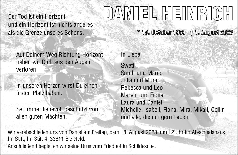  Traueranzeige für Daniel Heinrich vom 05.08.2023 aus Neue Westfälische