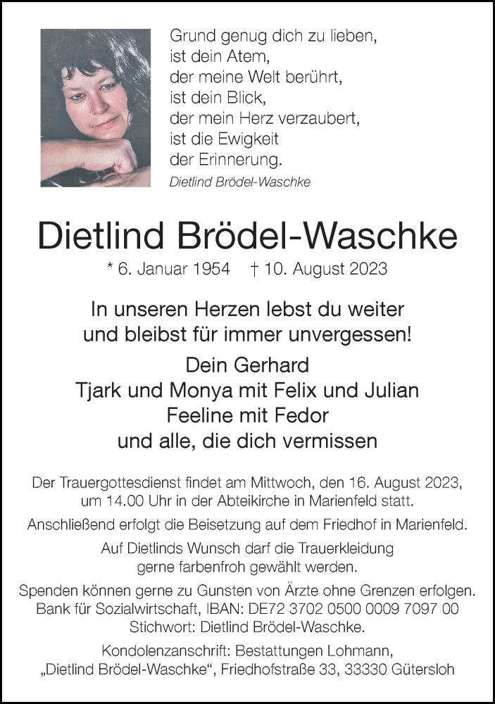 Traueranzeige für Dietlind Brödel-Waschke vom 12.08.2023 aus Neue Westfälische
