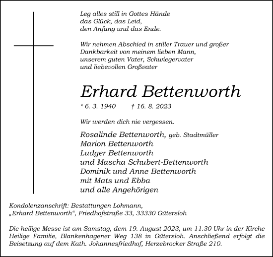 Traueranzeige von Erhard Bettenworth von Neue Westfälische