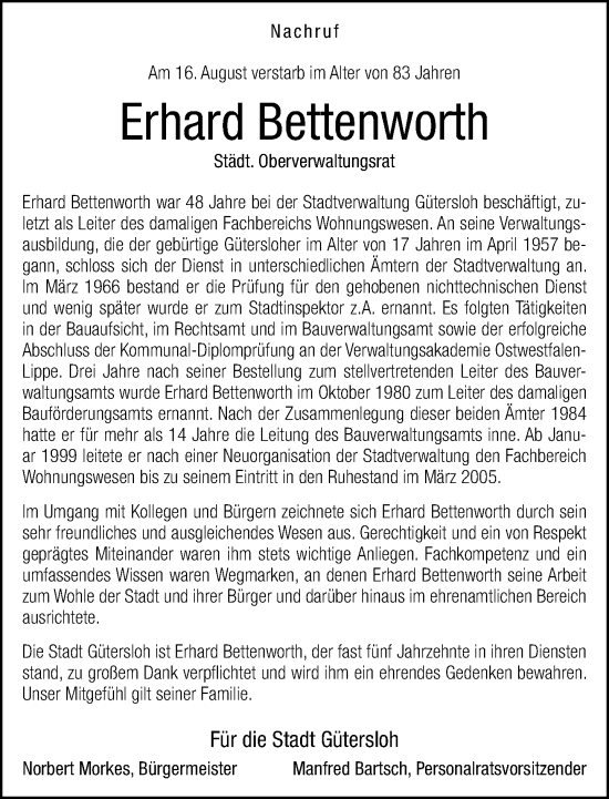 Traueranzeige von Erhard Bettenworth von Neue Westfälische