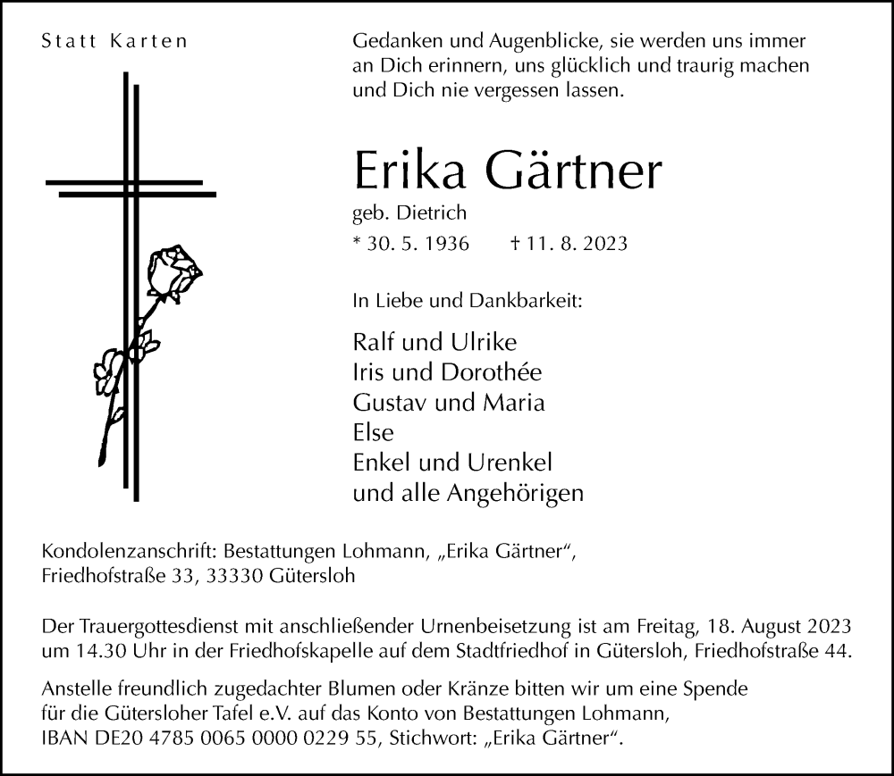  Traueranzeige für Erika Gärtner vom 15.08.2023 aus Neue Westfälische