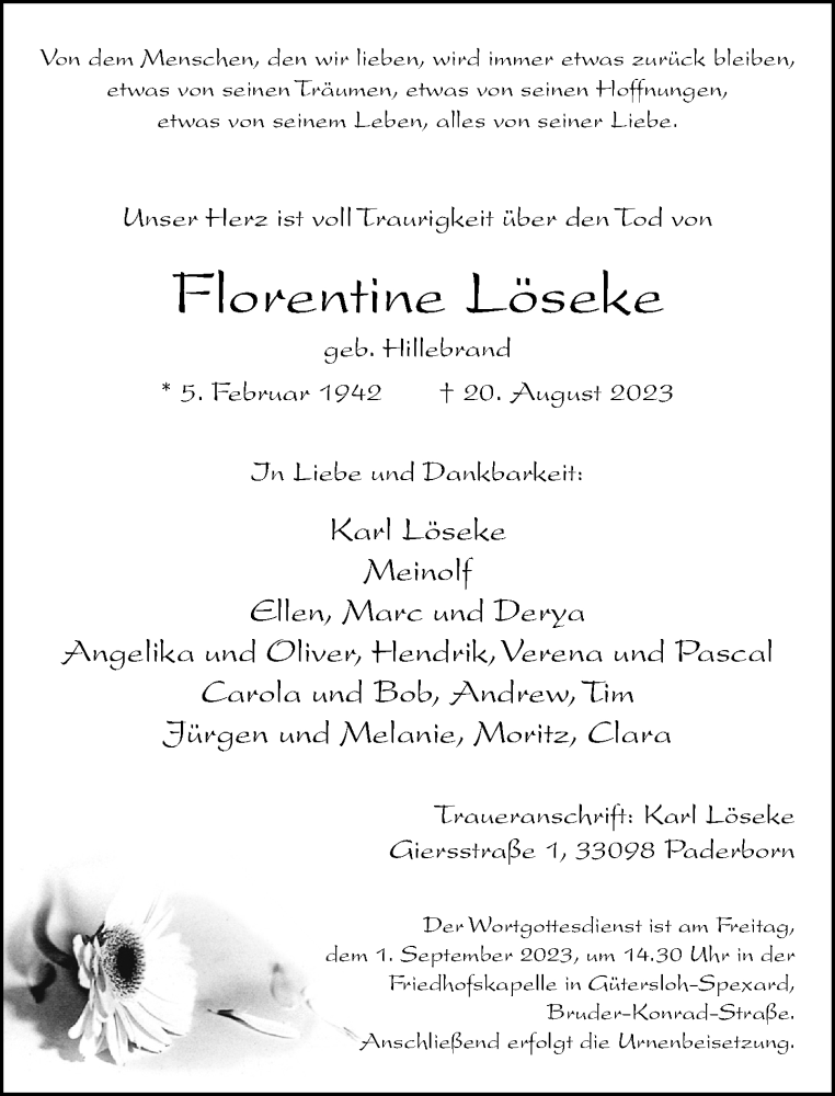  Traueranzeige für Florentine Löseke vom 26.08.2023 aus Neue Westfälische