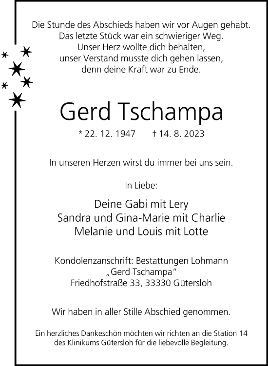 Traueranzeige von Gerd Tschampa von Neue Westfälische
