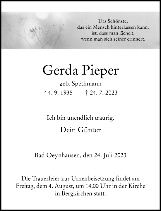 Traueranzeige von Gerda Pieper von Neue Westfälische