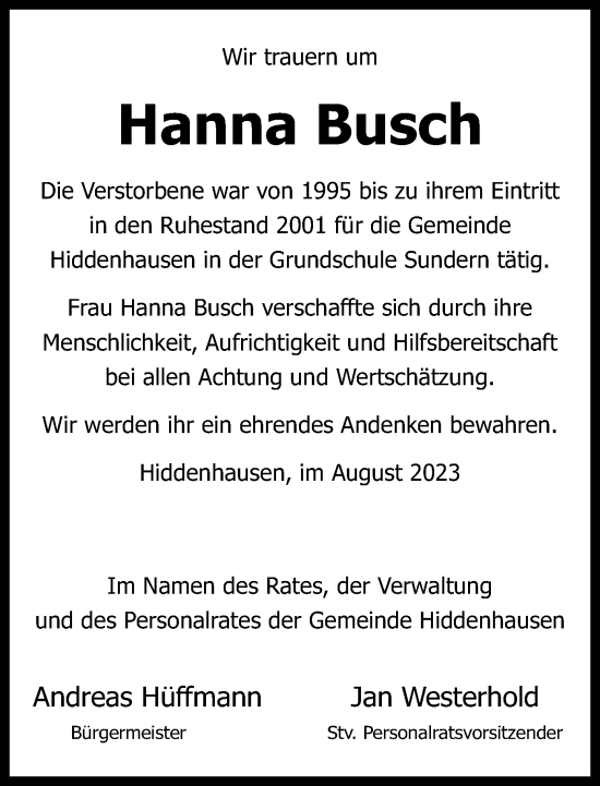 Traueranzeige von Hanna Busch von Neue Westfälische