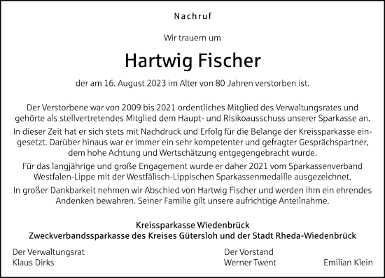 Traueranzeige von Hartwig Fischer von Neue Westfälische