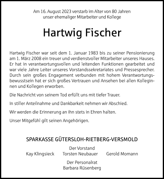 Traueranzeige von Hartwig Fischer von Neue Westfälische