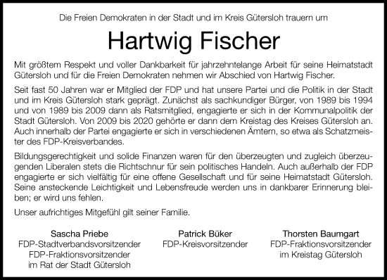 Traueranzeige von Hartwig Fischer von Neue Westfälische
