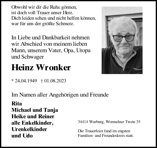 Traueranzeige von Heinz Wronker von Neue Westfälische