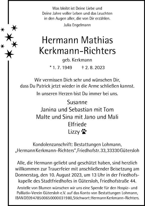 Traueranzeige von Hermann Mathias Kerkmann-Richters von Neue Westfälische