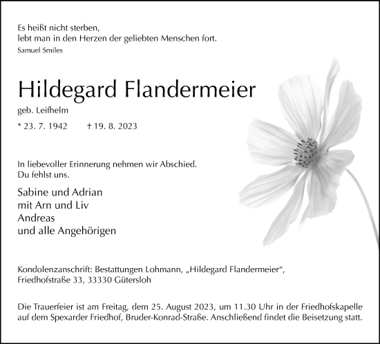 Traueranzeige von Hildegard Flandermeier von Neue Westfälische