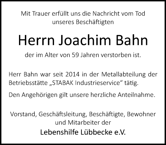 Traueranzeige von Joachim Bahn von Neue Westfälische