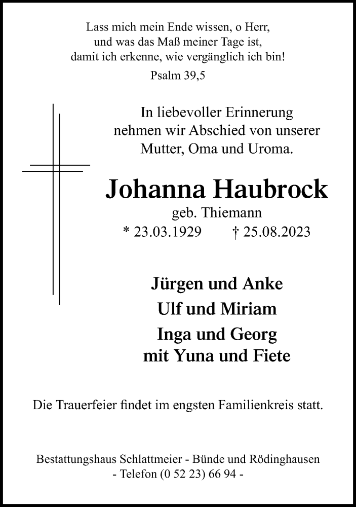  Traueranzeige für Johanna Haubrock vom 30.08.2023 aus Neue Westfälische
