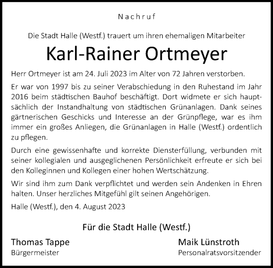 Traueranzeige von Karl-Rainer Ortmeyer von Neue Westfälische