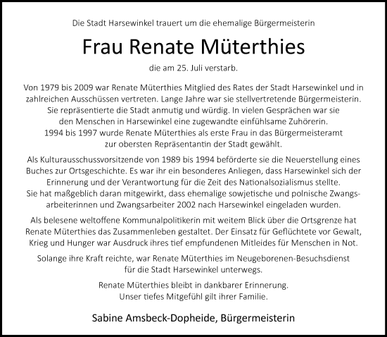 Traueranzeige von Renate Müterthies von Neue Westfälische