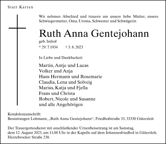 Traueranzeige von Ruth Anna Gentejohann von Neue Westfälische
