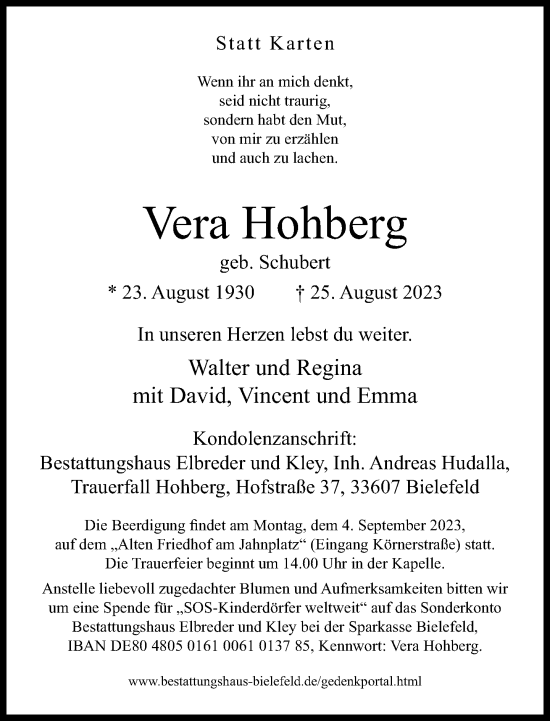 Traueranzeige von Vera Hohberg von Neue Westfälische
