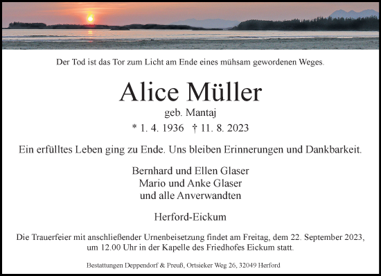 Traueranzeige von Alice Müller von Neue Westfälische