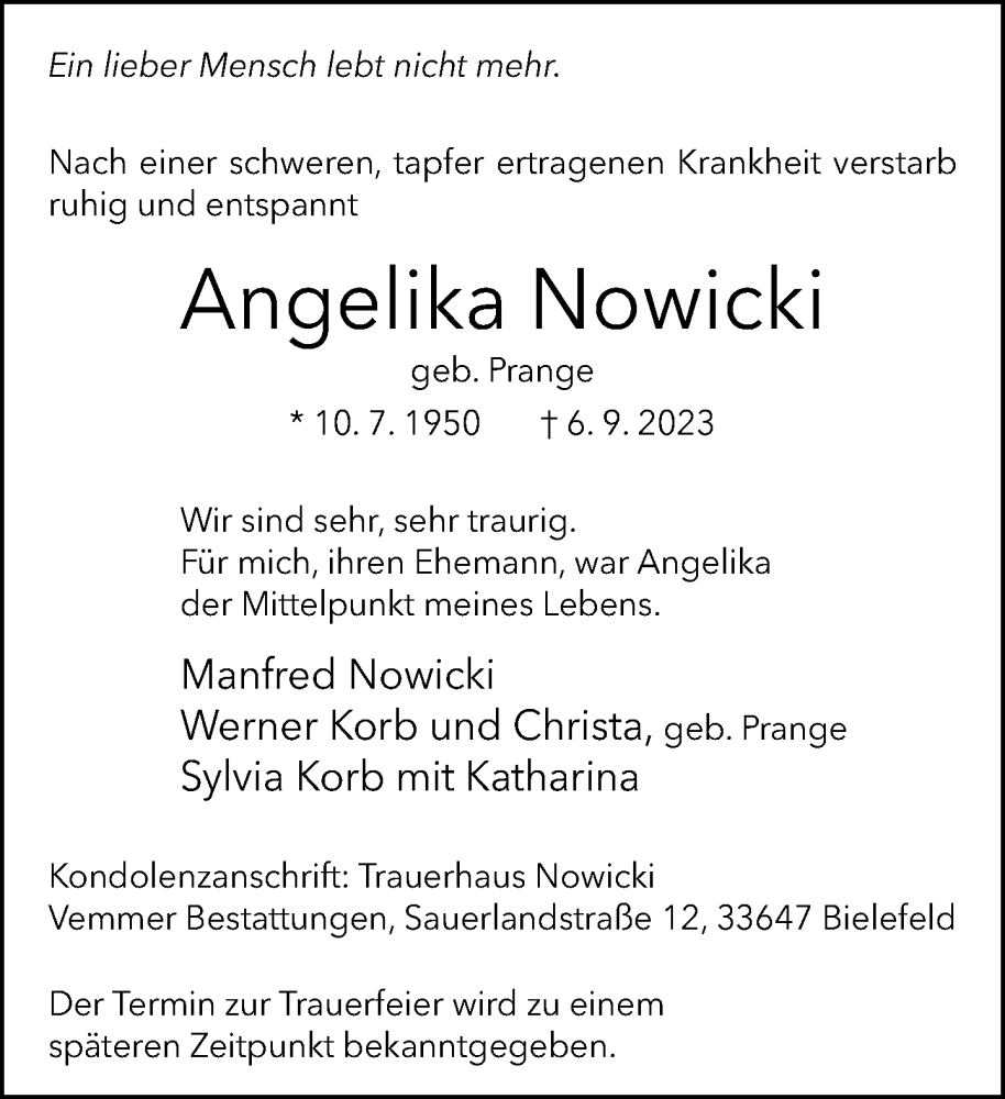  Traueranzeige für Angelika Nowicki vom 09.09.2023 aus Neue Westfälische