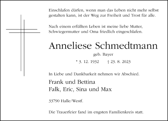 Traueranzeige von Anneliese Schmedtmann von Neue Westfälische