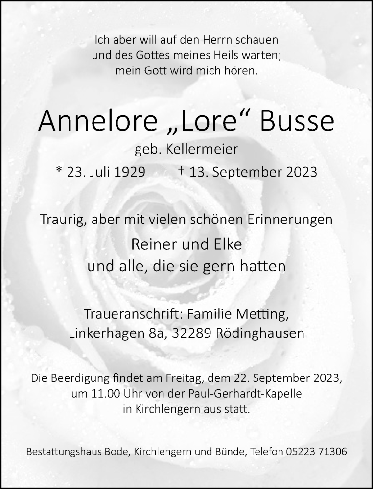 Traueranzeige für Annelore Busse vom 19.09.2023 aus Neue Westfälische