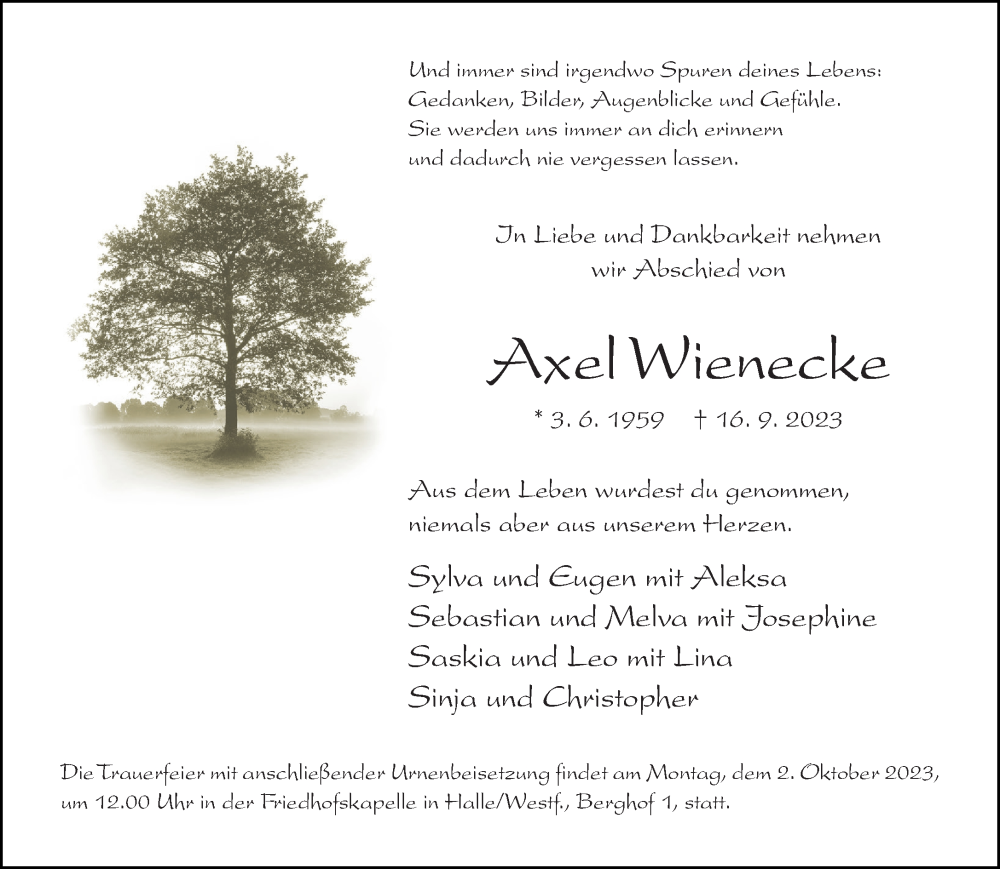  Traueranzeige für Axel Wienecke vom 27.09.2023 aus Neue Westfälische